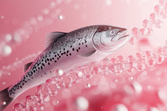 Fresh Salmon Fish Swimming Through Pink Bubbles on Pink Background. The Concept of Using PDRN Salmon DNA in Cosmetics and Facial Care Procedures.