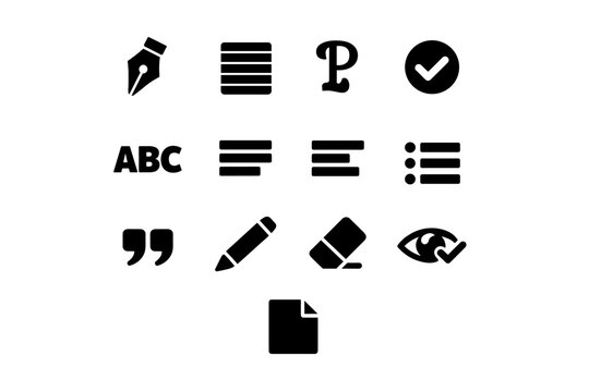 Writing and Grammar. Solid icon set of Writing and Grammar: pen nib, notebook lines, paragraph symbol, grammar check mark, spelling ABC, text alignment, bullet