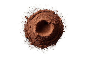 Fototapeta premium Cocoa powder heap with a small dent, natural ingredient for baking and desserts, top view on transparent background