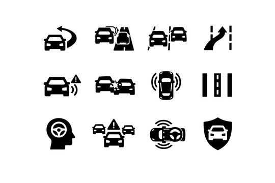 Lane Change Assistance. Solid icon set of Lane Change Assistance: car changing lanes, blind spot check icon, adjacent lane vehicle, safe lane change arrow,
