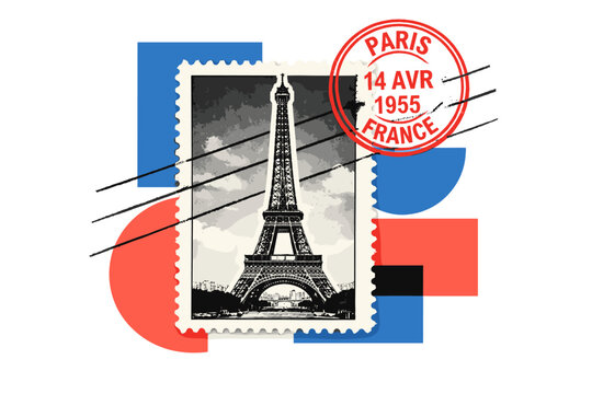 Black and white vintage postage stamp featuring the Eiffel Tower as central cut-out image, bold red circular postmark overlapping the corner, flat blue and