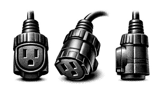 Outdoor extension cord end A rugged outdoor extension cord end with thick insulation, textured grip, and weather-resistant form shown from front, angled, and