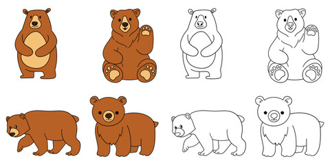 Obraz premium Hand-drawn cartoon and doodle set of bears on a white background.