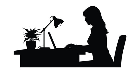 Woman working at a desk with a lamp presented as a silhouette