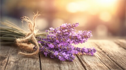 Fototapeta premium Delicate lavender sprigs tied with rustic twine on a wooden surface bathed in warm sunlight