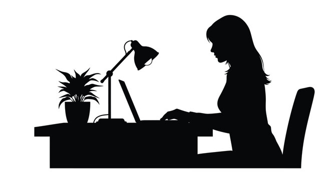 Woman working at a desk with a lamp presented as a silhouette