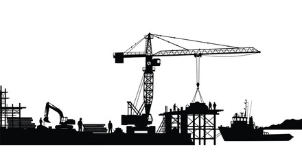 Construction site with crane workers and port in dark silhouette