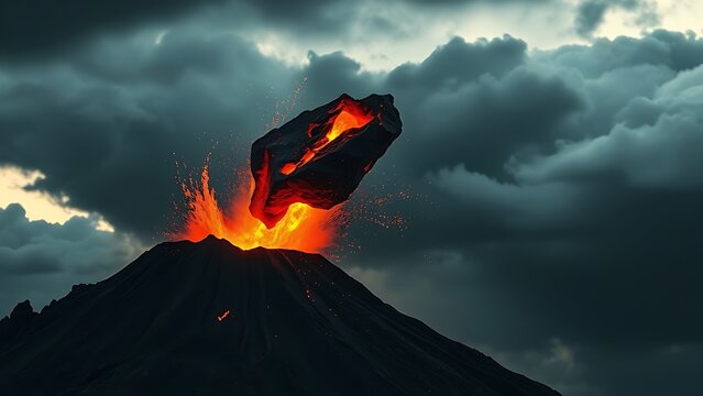 ejection. A glowing rock ejected from a volcano against a dramatic ash-filled sky. ESG reports, sustainability campaigns, designed for environmental awareness campaigns, used by professors.