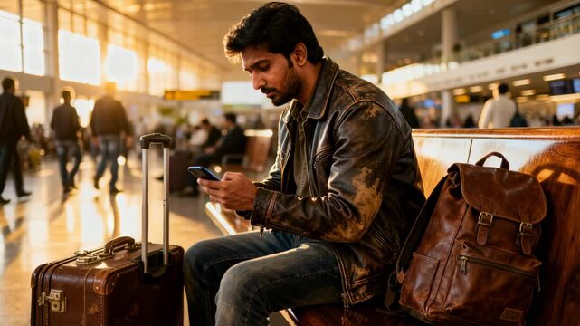 Checking man in brown jacket using phone while waiting for flight at airport with luggage