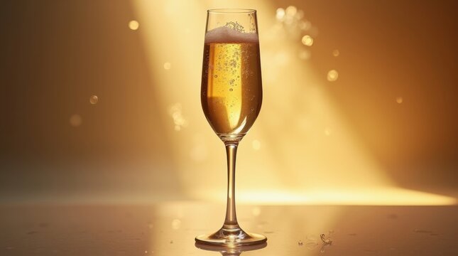 Copa de champ&aacute;n de cristal suspendida en el aire con delicadas burbujas elev&aacute;ndose