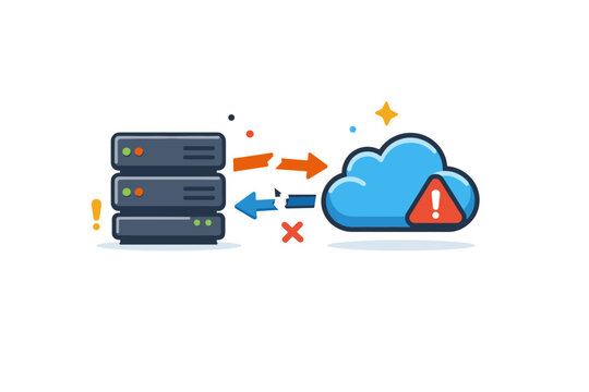 Backup system outage visualized as disconnected arrows between servers and a cloud, expressing broken continuity, operational stress, and reliance on remote