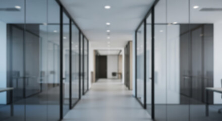 Fototapeta premium Modern office interior with glass partitions and corridor, sleek corporate hallway with meeting rooms