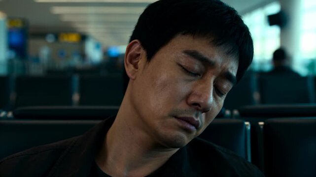 Nodding male passenger leaning head right, closing eyes while waiting at gate in dark jacket