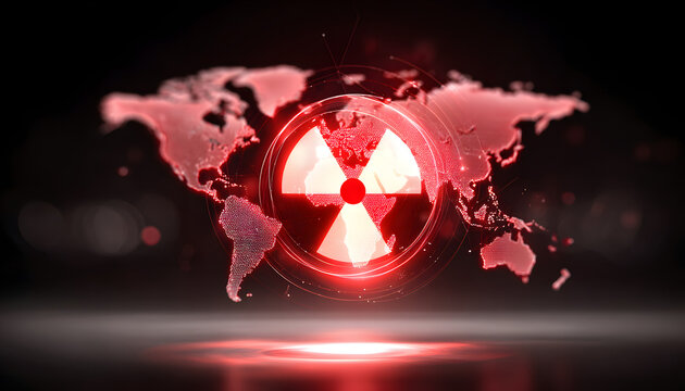 Global radiation warning map with a glowing nuclear symbol, highlighting nuclear risk and environmental danger