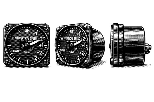 Vertical speed indicator with circular scale, climb and descent markings, and pointer needle illustrated in frontal, perspective, and side views emphasizing