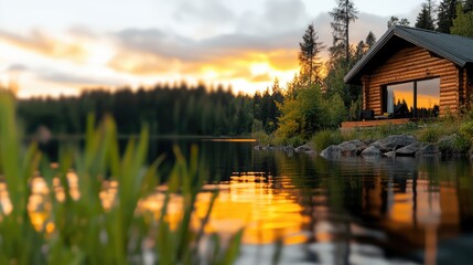 Fototapeta premium Idyllic lakeside cabin retreat at golden hour, peaceful getaway concept