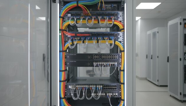 Clear medium frame of a server cabinet featuring wellorganized fiber optic cables and network devices illustrating a streamlined cabling system in a healthcare facility.