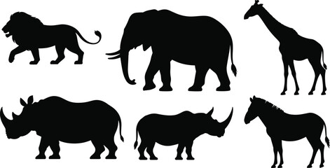 Wild Animal Silhouette Collection Featuring Lion, Elephant, Giraffe, Rhino, and Donkey Isolated for Safari, Wildlife, and Nature Design © MSTAYESHASIDDIKA