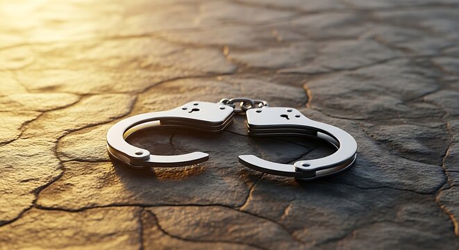 Open handcuffs on textured stone background with soft golden light. Symbolic concept of freedom, justice, and release from restraint with calm dramatic atmosphere.