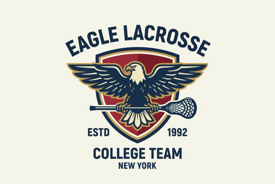 This image features a bold lacrosse logo showcasing an eagle and a lacrosse stick, representing a college team established in 1992 with a strong New York identity.