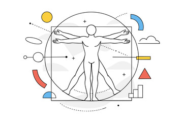 Renaissance Masterpiece. Simplified human figure inspired by classical proportions, arms extended, surrounded by circles and lines. The mood is harmonious and