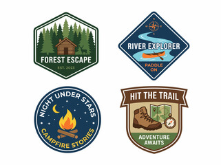 This collection of badges captures various outdoor themes including forests and rivers, inspiring adventure and exploration in nature. Perfect for camping and outdoor brands. © chaobo fu