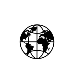 A detailed black and white vector image of a world globe showing continents and grid lines symbolizing global connectivity and international geographic location.