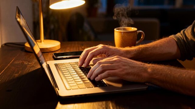 Typing man with rolled sleeves starting work, pressing keys at home with laptop, mug, lamp, phone
