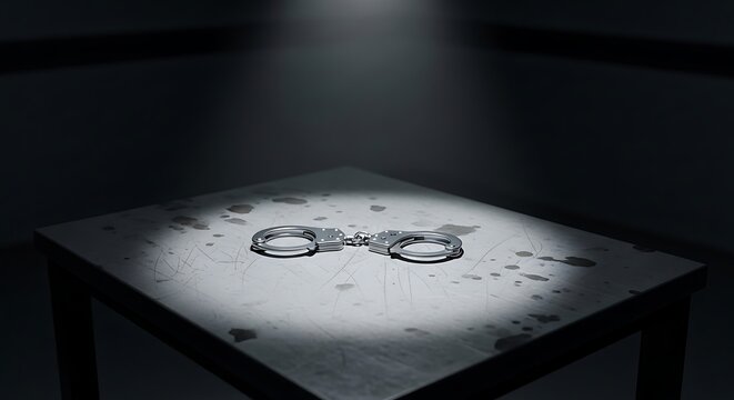 Handcuffs on metal interrogation table under single overhead spotlight. Dark room atmosphere creating cinematic crime scene concept with dramatic shadows.