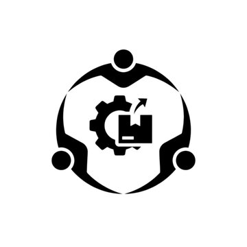 A complex black and white vector image combining a gear and box inside a circle of people representing collaborative logistics and production management.