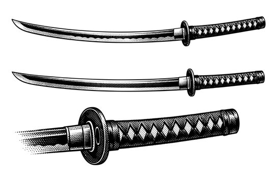 Samurai Sword ? classic katana. A realistic samurai katana with curved blade, tsuba (guard), and wrapped handle presented as a single object shown in three
