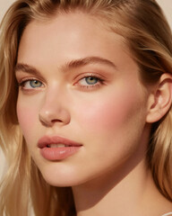Fototapeta premium A close-up portrait of a young woman with long blonde hair and striking blue eyes