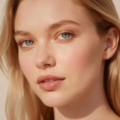 Fototapeta premium A close-up portrait of a young woman with long blonde hair and blue eyes