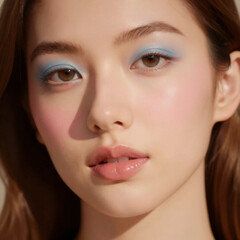 Fototapeta premium A close-up portrait of a young woman with blue eyeshadow and light skin