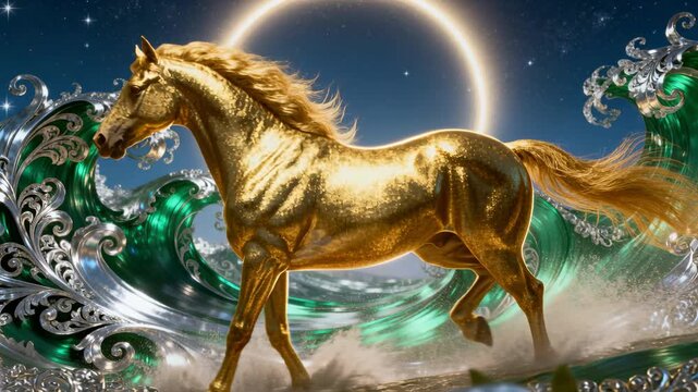 Raised leg initiating gilded horse trotting to cross ornate shore with halo, emerald waves and mist
