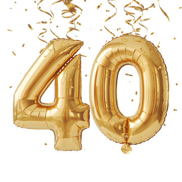gold balloons in the shape of the number forty with confetti and streamers
