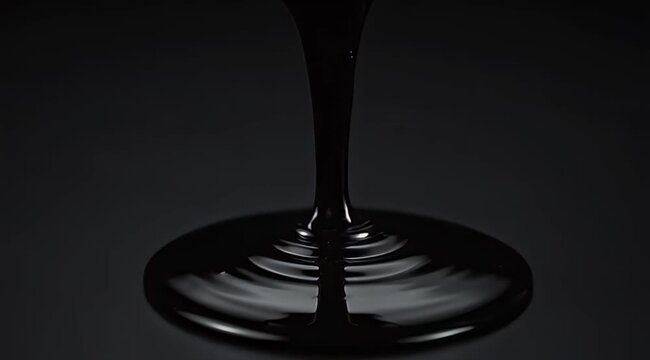 Glossy black liquid pouring and forming ripples in a dark, reflective surface