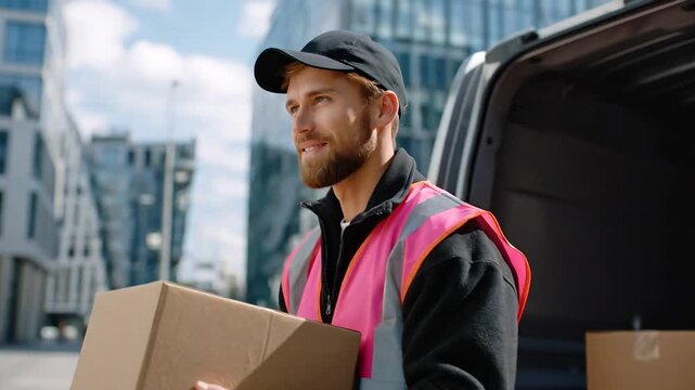 Smiling delivery driver holding a cardboard box in front of a modern urban environment, wearing a safety vest and cap