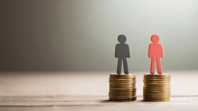 Human figures standing on varying coin stacks, visualizing economic inequality, salary differences, and unfair compensation