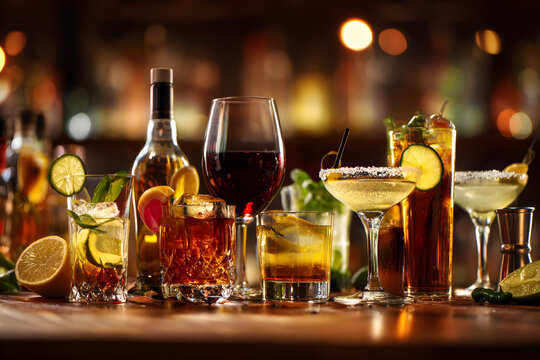 A group of various alcoholic drinks and cocktails