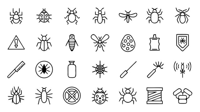Thirty thin line icons depicting household pests and extermination equipment are organized neatly on a dark uniform background.