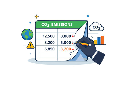 Carbon accounting fraud revealed through data manipulation shown as a spreadsheet with emission figures being secretly adjusted by a hidden hand, symbolizing