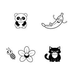 Naklejka premium Simple line art icons of panda banana bee flower and cat
