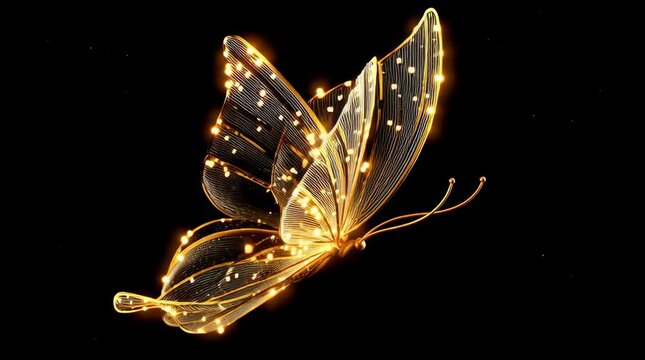 Animate a stylized golden butterfly made of thin luminous lines or golden threads. The butterfly gently flutters in place or moves slowly in the air, as if carried by an invisible sacred breeze. No ba