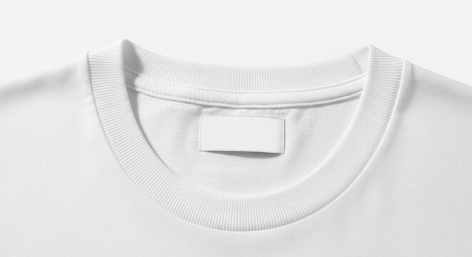  Close-up of a blank white t-shirt collar with an empty rectangular neck label, clothing mock-up template for logo and branding presentation.