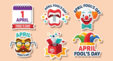 Obraz premium April fool's day stickers with colorful designs and playful graphics on a peach background