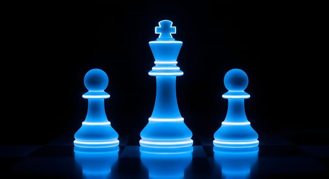Glowing blue chess pieces on black background
