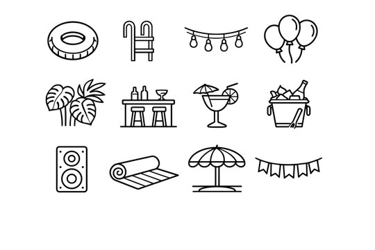 Pool Party Decor. Line icon set of Pool Party Decor: inflatable float, pool ladder, string lights, party balloons, tropical plants, poolside bar table,