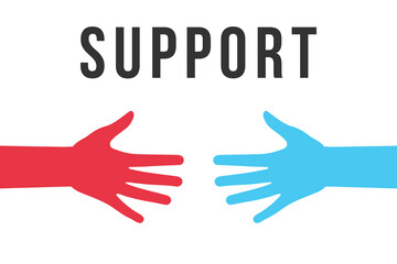 Obraz premium Support Hands Illustration Charity Theme Two hands reaching toward each other in red and light blue on white background. Symbol of help, unity, and support. Ideal for charity, social campaigns