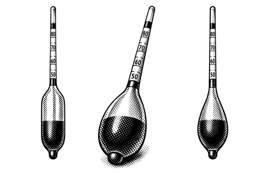 Hydrometer instrument shown as a floating alcohol hydrometer with weighted bulb and slender stem displayed in vertical front view, angled perspective view, and
